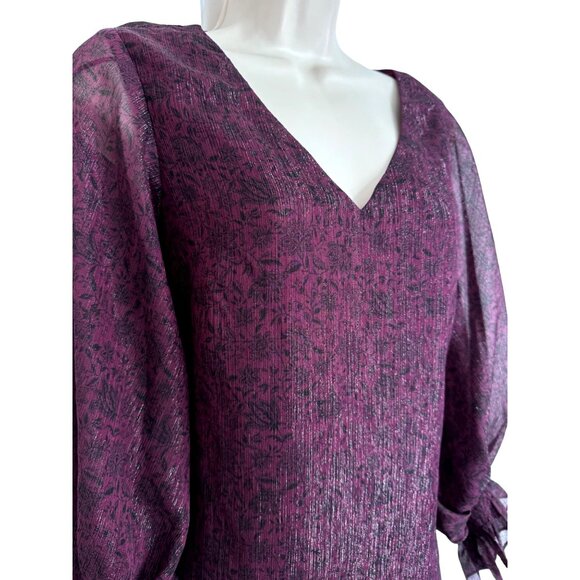 Halogen Metallic Balloon Sleeve Blouse Size XS V Neck Sheer Sleeve NWT Purple - Picture 11 of 14